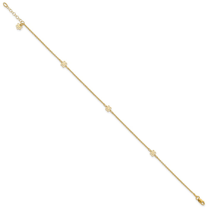 14K Polished Flowers 10in Plus 1in ext. Anklet-ANK306-10