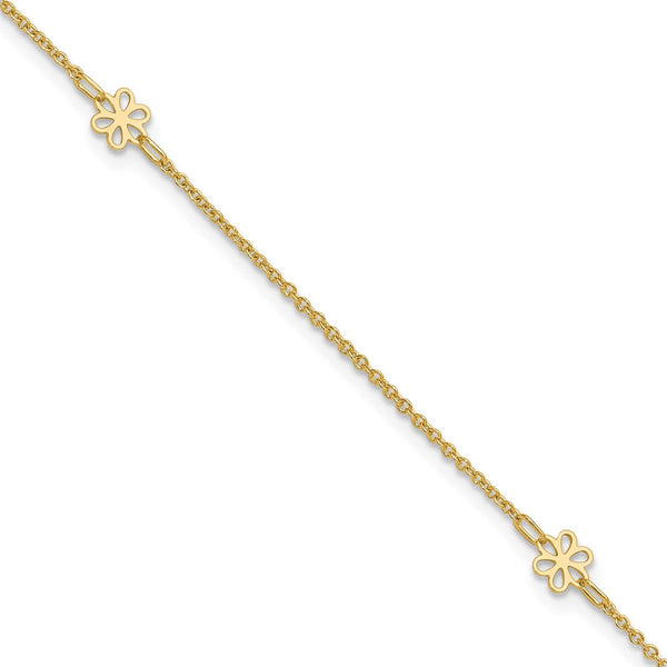 14K Polished Flowers 10in Plus 1in ext. Anklet-ANK306-10