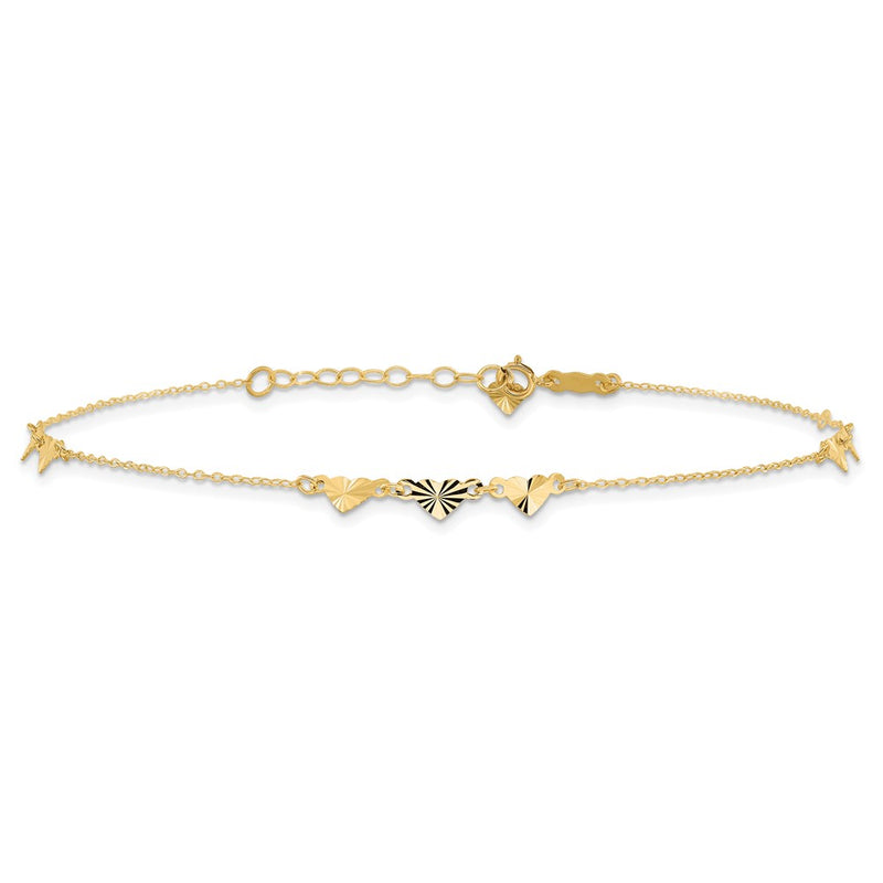 14K Diamond-cut Hearts 9in Plus 1in ext  Anklet-ANK307-9