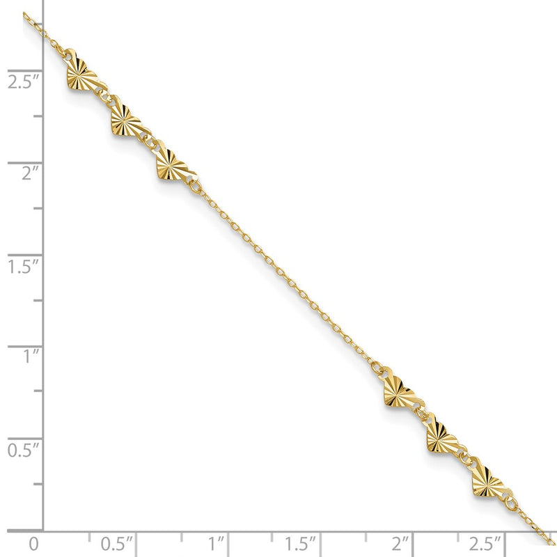 14K Diamond-cut Hearts 9in Plus 1in ext  Anklet-ANK307-9
