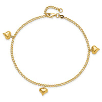14K Polished 3 Puffed Heart 9in Plus 1in ext  Anklet-ANK308-9