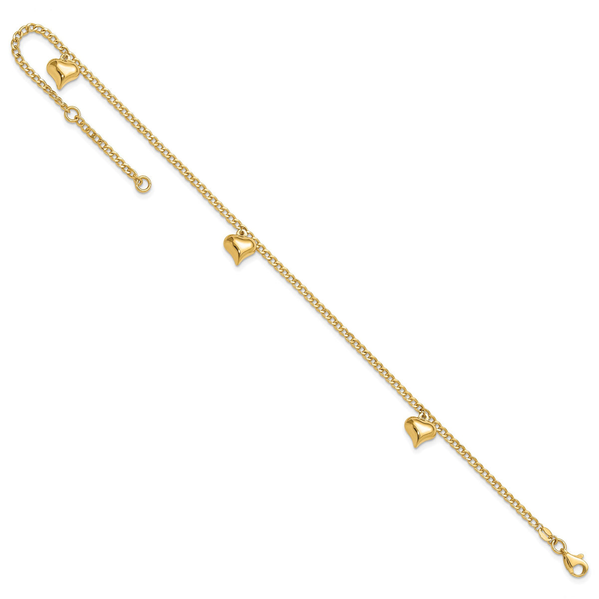 14K Polished 3 Puffed Heart 9in Plus 1in ext  Anklet-ANK308-9