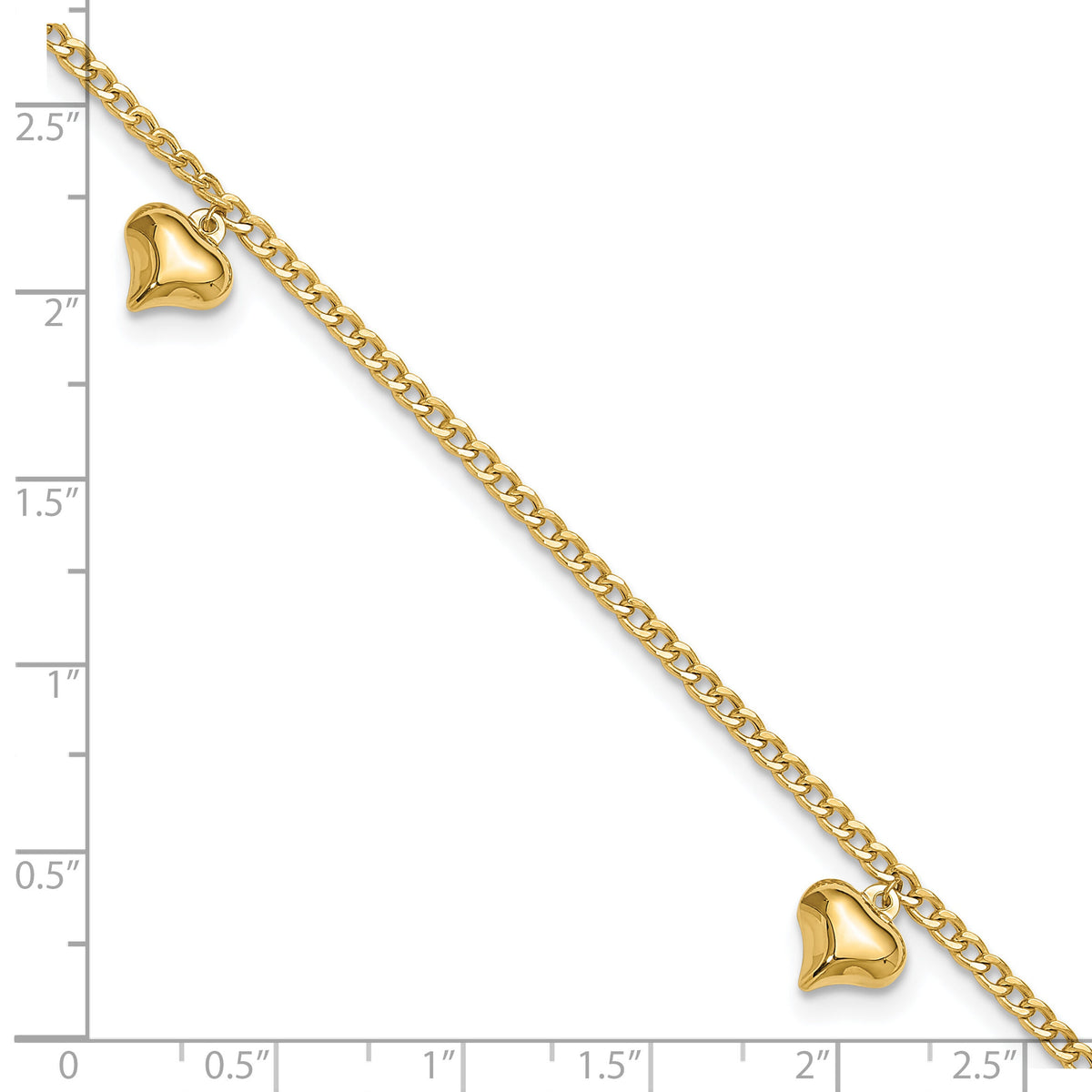 14K Polished 3 Puffed Heart 9in Plus 1in ext  Anklet-ANK308-9