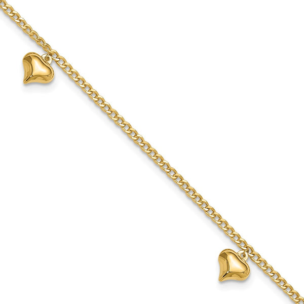 14K Polished 3 Puffed Heart 9in Plus 1in ext  Anklet-ANK308-9