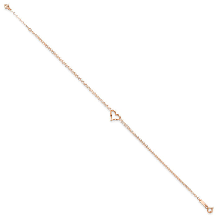 14k Rose Gold Double Strand Heart 9in Plus 1in Ext Anklet-ANK309-9