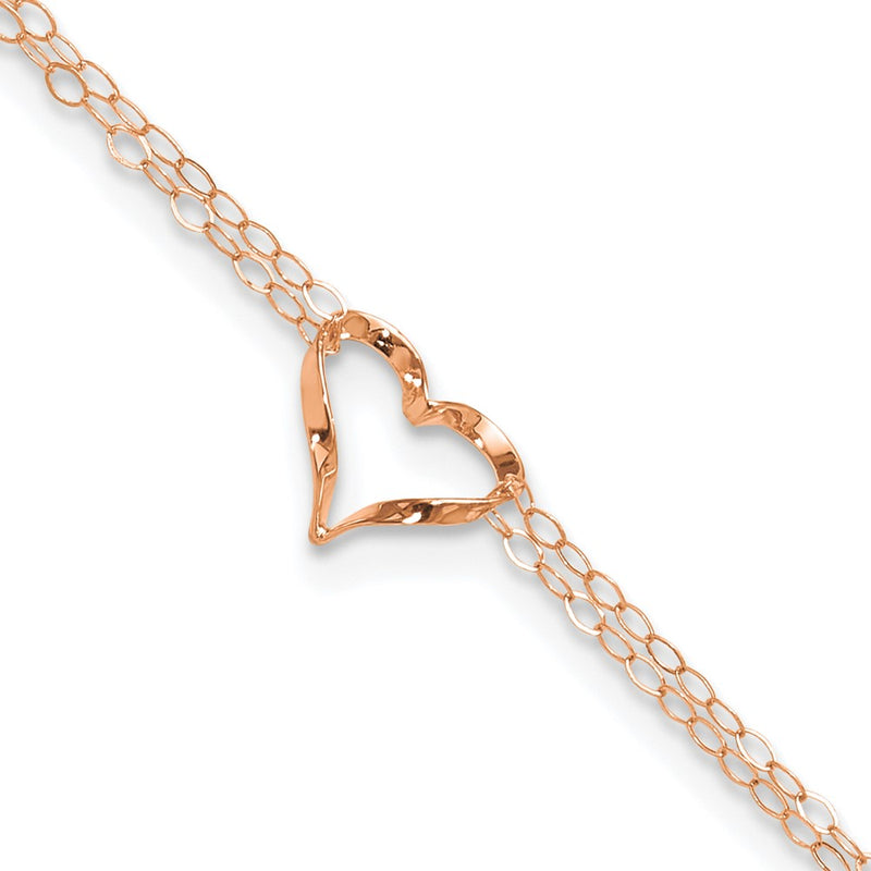 14k Rose Gold Double Strand Heart 9in Plus 1in Ext Anklet-ANK309-9