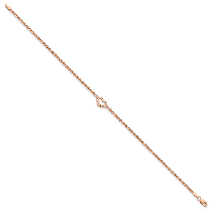 14k Rose Gold Diamond-cut Rope with Heart 10in Anklet-ANK310-10