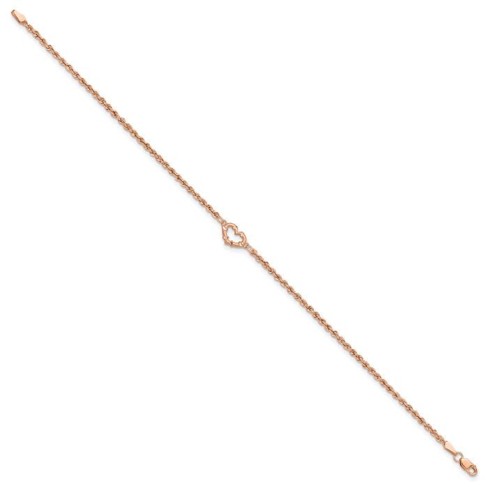 14k Rose Gold Diamod-cut Rope with Heart 9in Anklet-ANK310-9
