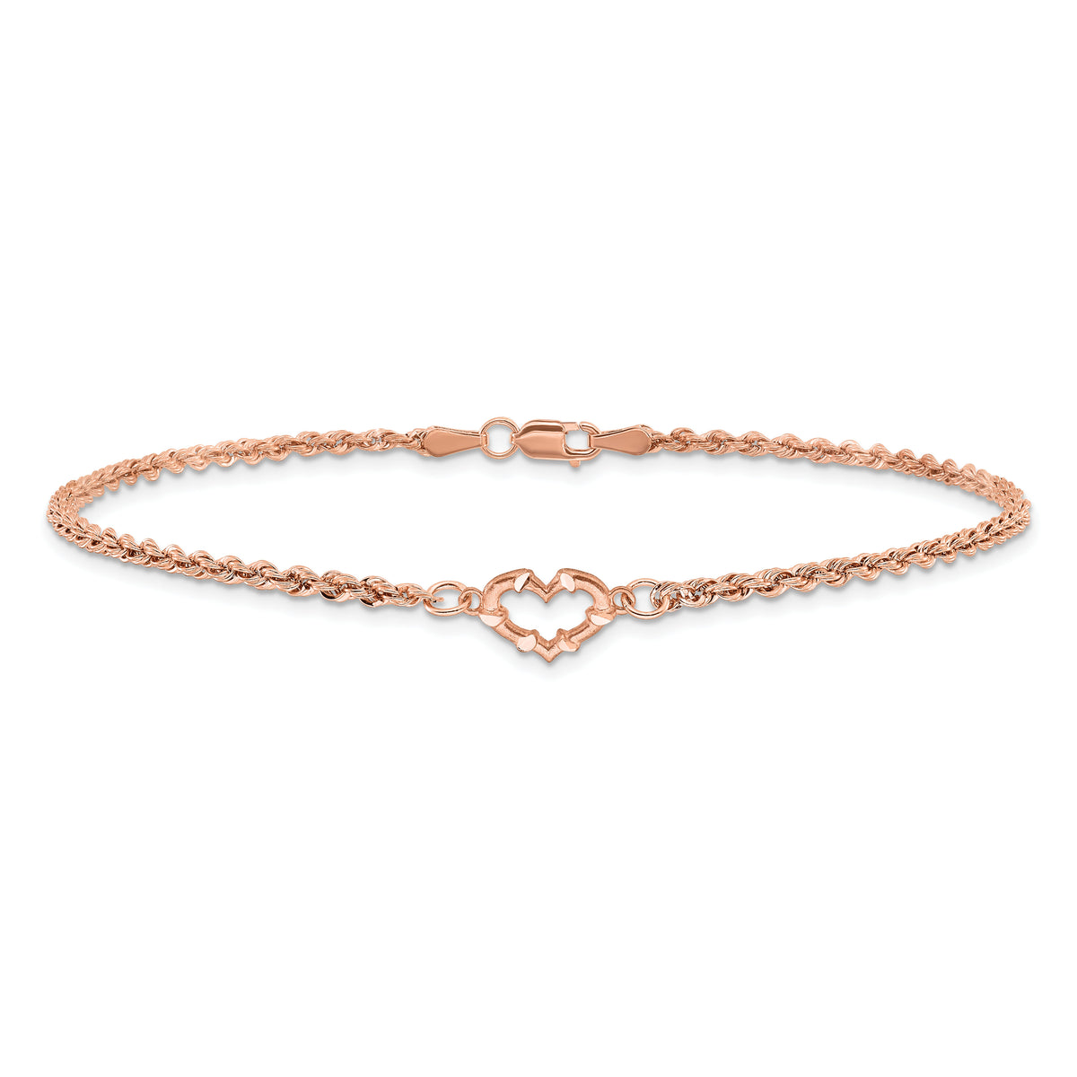 14k Rose Gold Diamond-cut Rope with Heart 10in Anklet-ANK310-10