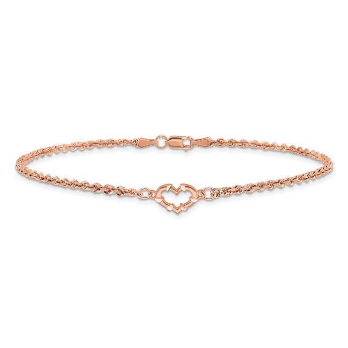 14k Rose Gold Diamond-cut Rope with Heart 10in Anklet-ANK310-10