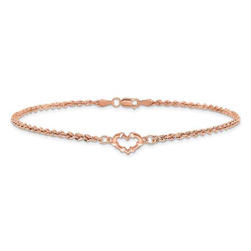 14k Rose Gold Diamod-cut Rope with Heart 9in Anklet-ANK310-9