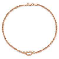 14k Rose Gold Diamond-cut Rope with Heart 10in Anklet-ANK310-10