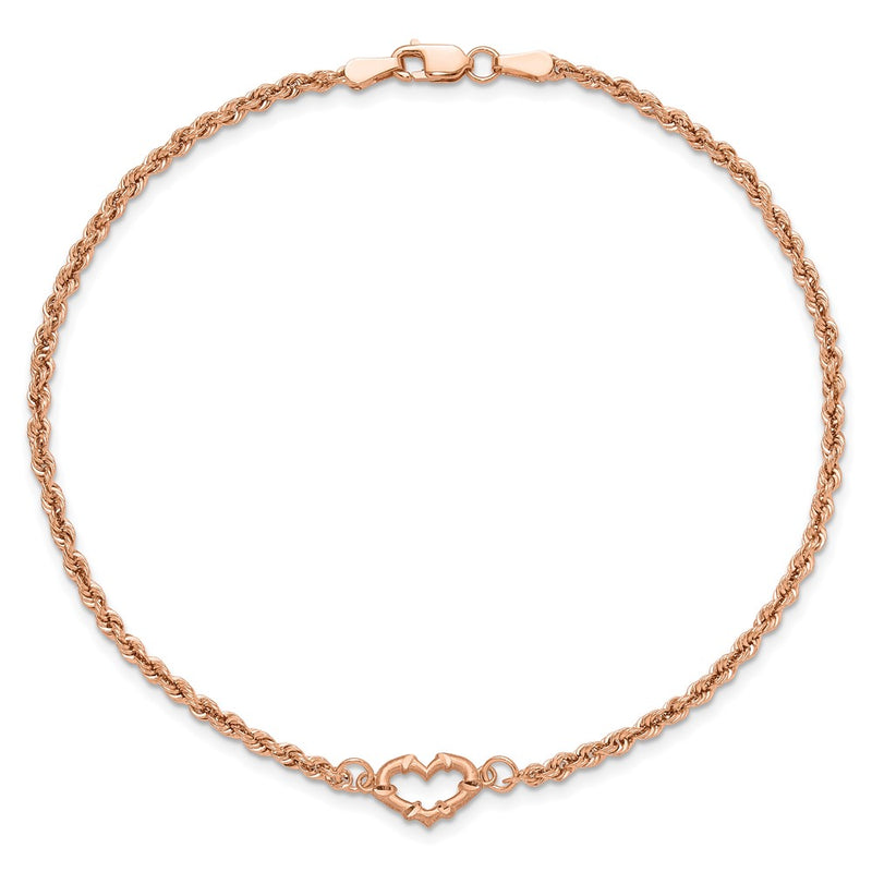 14k Rose Gold Diamod-cut Rope with Heart 9in Anklet-ANK310-9