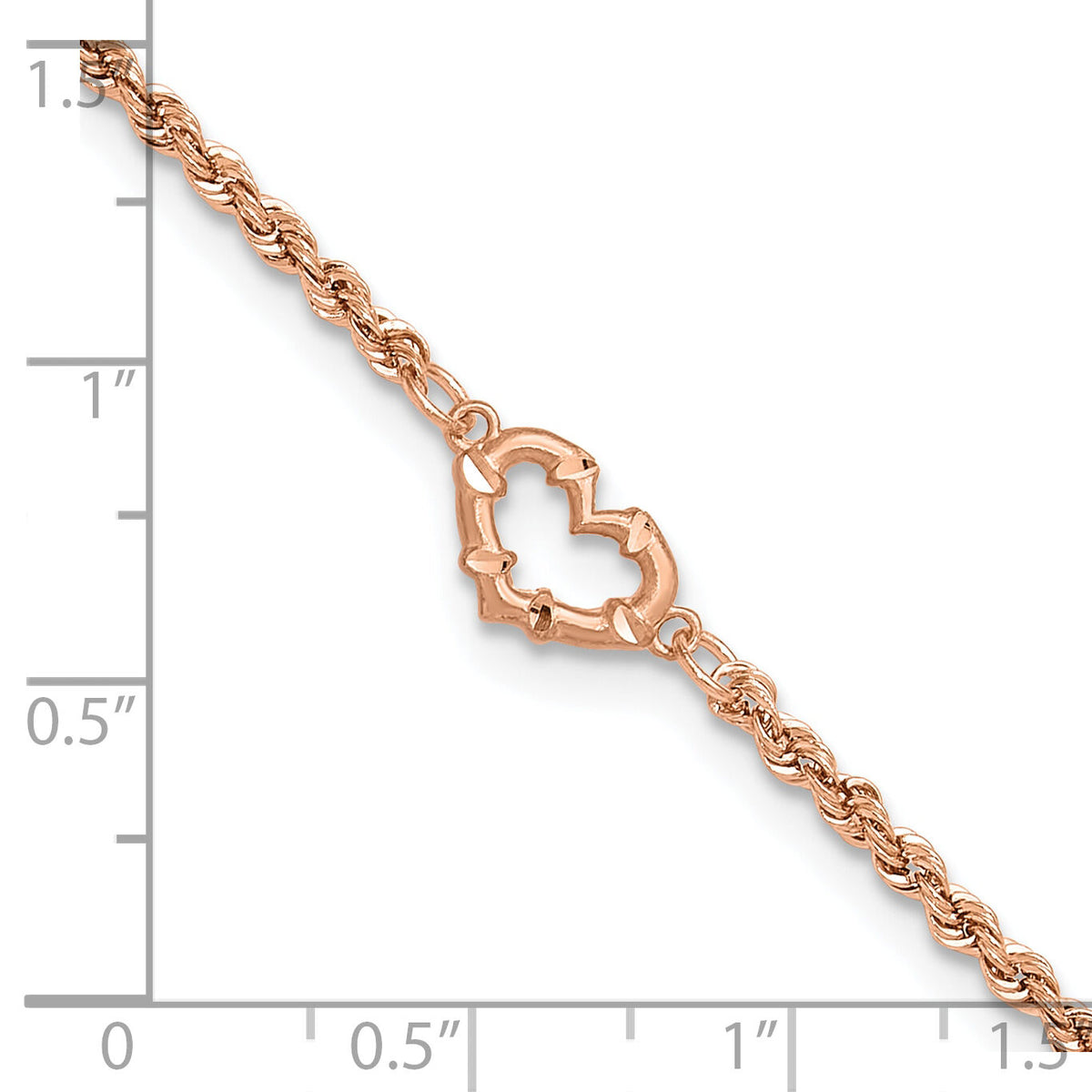 14k Rose Gold Diamond-cut Rope with Heart 10in Anklet-ANK310-10