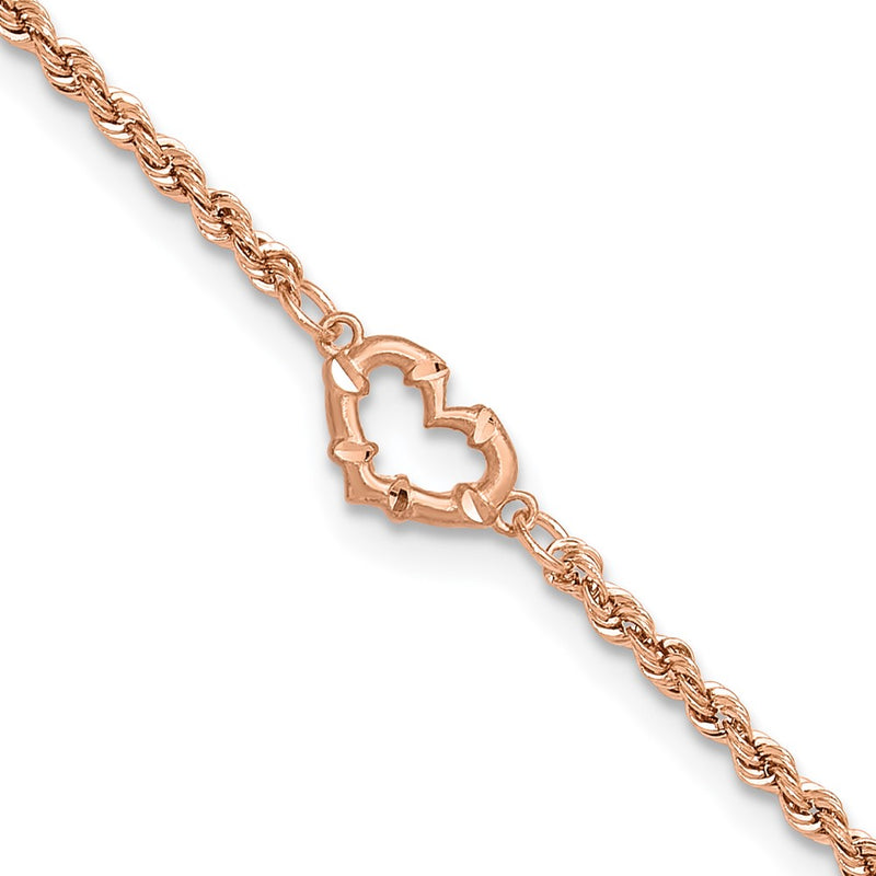 14k Rose Gold Diamod-cut Rope with Heart 9in Anklet-ANK310-9