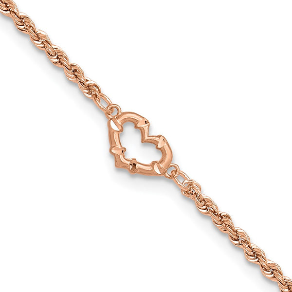 14k Rose Gold Diamond-cut Rope with Heart 11in Anklet-ANK310-11