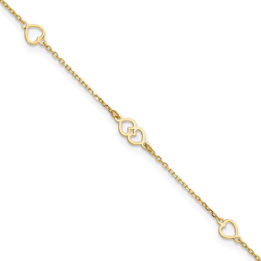 14K Polished Hearts 9in Plus 1 in ext. Anklet-ANK312-9