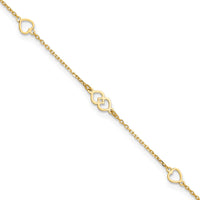 14K Polished Hearts 9in Plus 1 in ext. Anklet-ANK312-9