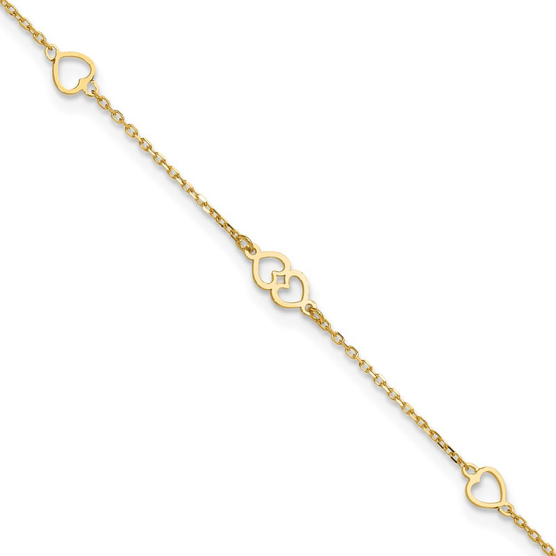 14K Polished Hearts 9in Plus 1 in ext. Anklet-ANK312-9