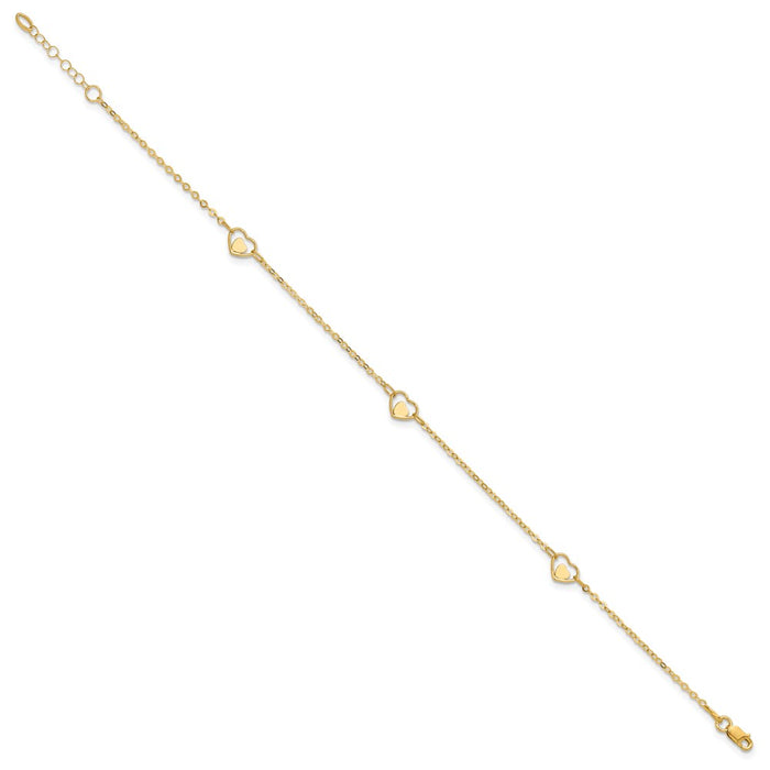 14K Polished Heart 9in Plus 1in ext Anklet-ANK313-9