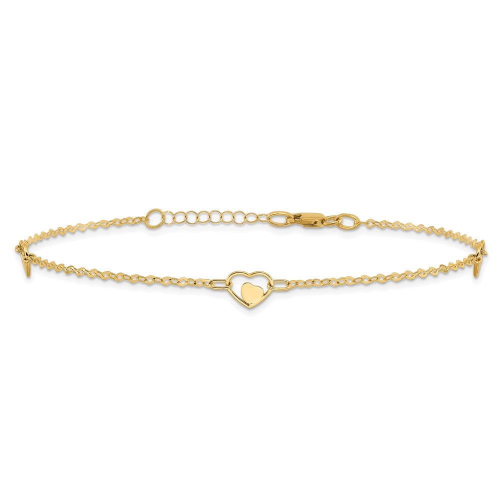 14K Polished Heart 9in Plus 1in ext Anklet-ANK313-9