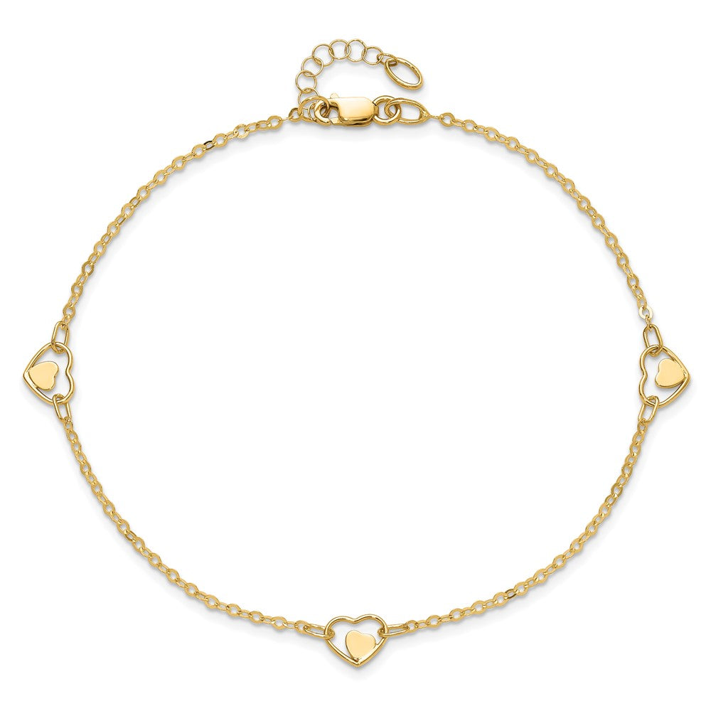 14K Polished Heart 9in Plus 1in ext Anklet-ANK313-9