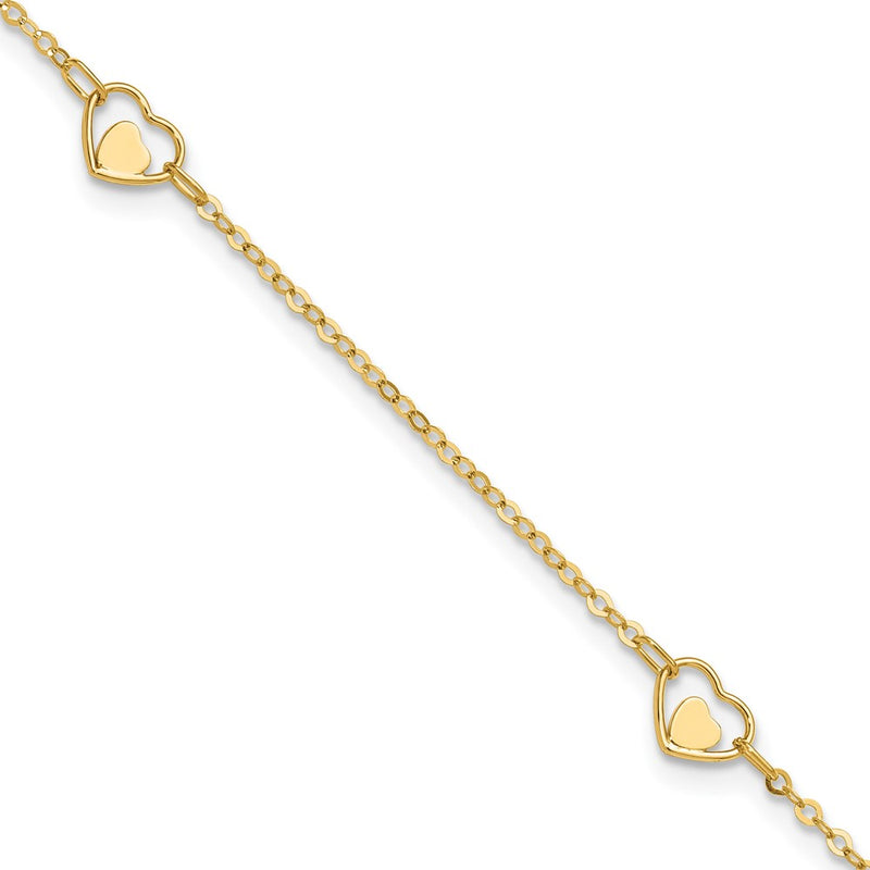 14K Polished Heart 9in Plus 1in ext Anklet-ANK313-9