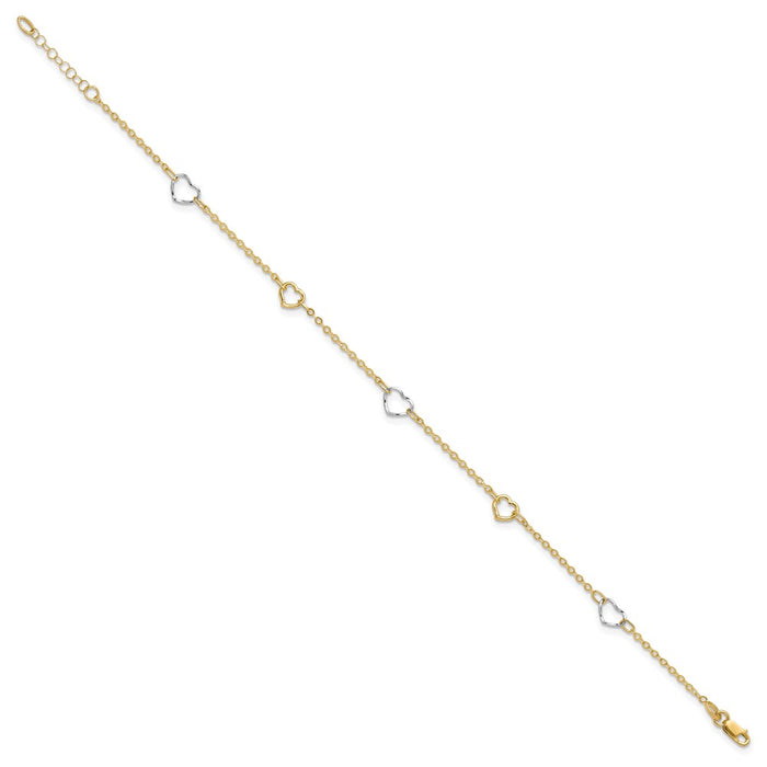 14K Two-tone Polished Heart 9in Plus 1in ext Anklet-ANK314-9