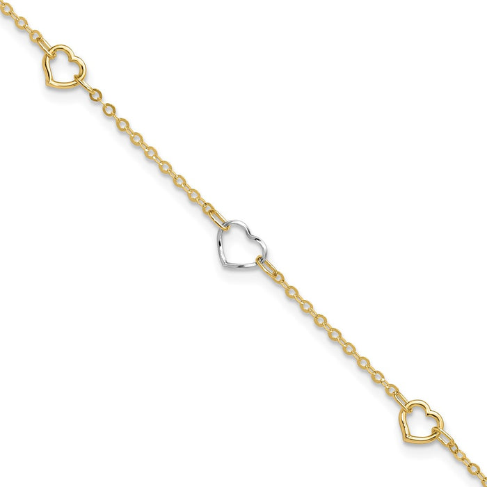 14K Two-tone Polished Heart 9in Plus 1in ext Anklet-ANK314-9