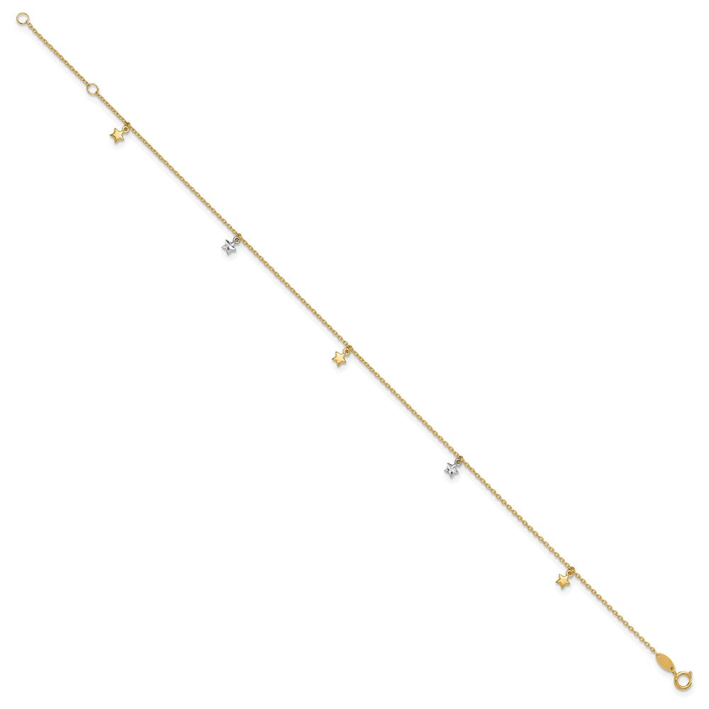 14K Two-tone Polished Diamond-cut Stars 9in Plus 1 in ext. Anklet-ANK317-9