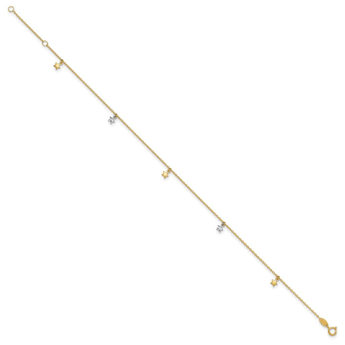 14K Two-tone Polished Diamond-cut Stars 9in Plus 1 in ext. Anklet-ANK317-9