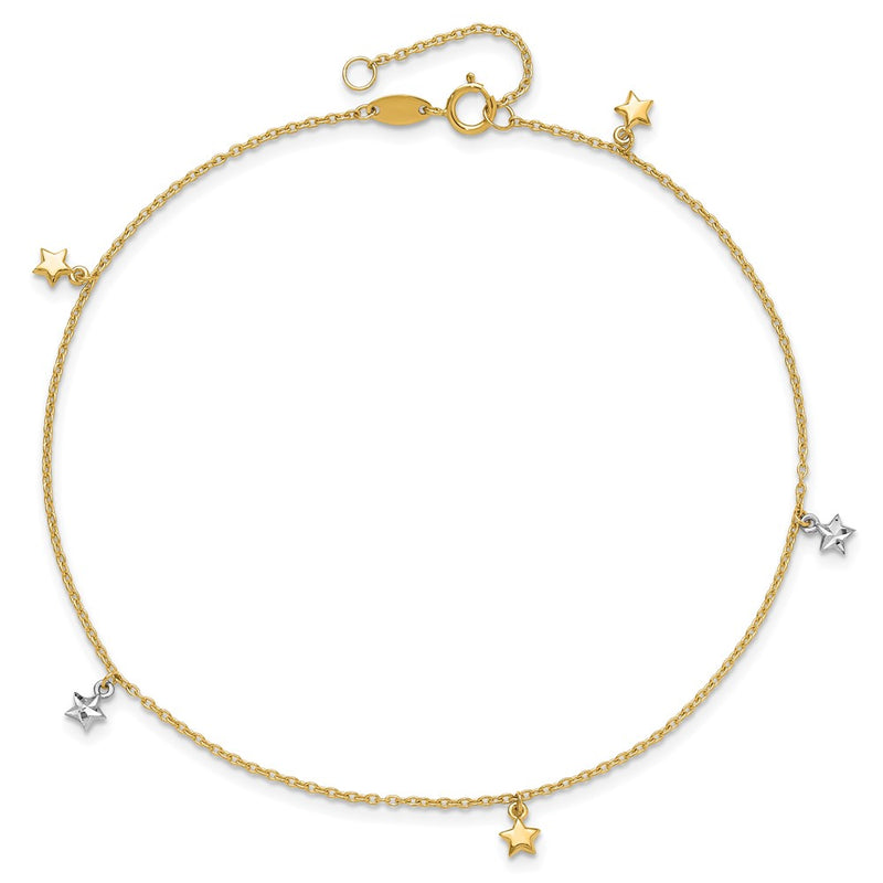 14K Two-tone Polished Diamond-cut Stars 9in Plus 1 in ext. Anklet-ANK317-9