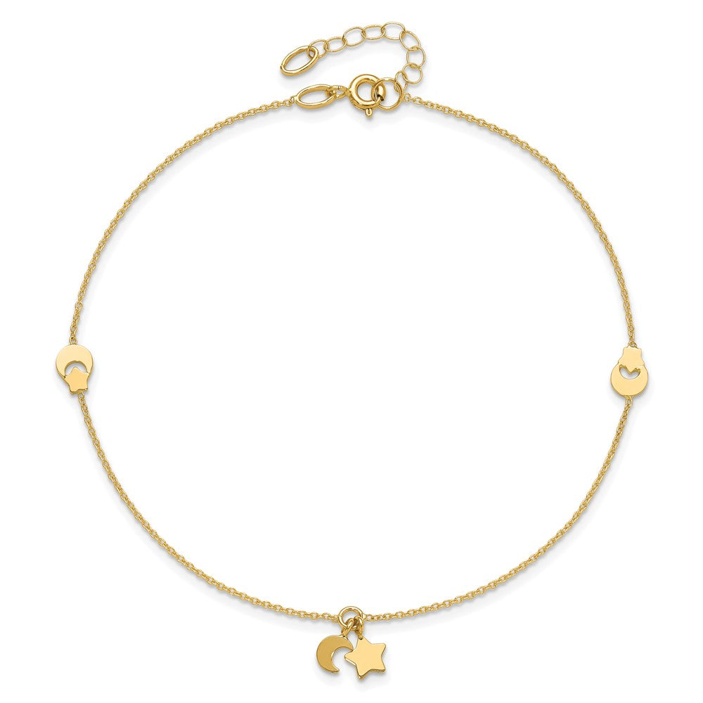 14K Star and Moon 9in Plus 1in ext Anklet-ANK319-9