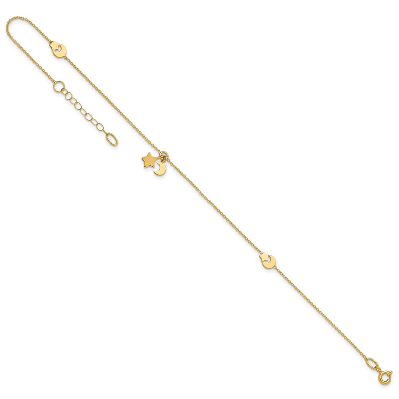 14K Star and Moon 9in Plus 1in ext Anklet-ANK319-9