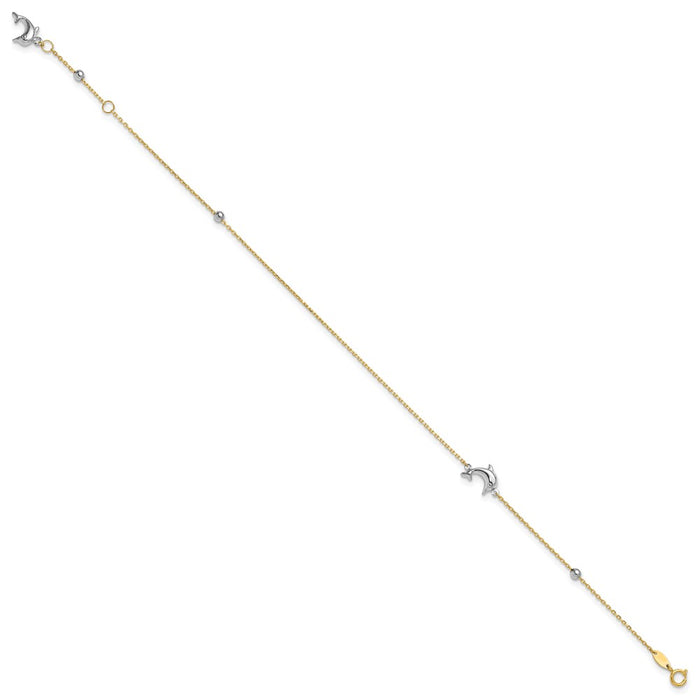 14K Two-tone Polished Dolphin 9in Plus 1in ext. Anklet-ANK320-9