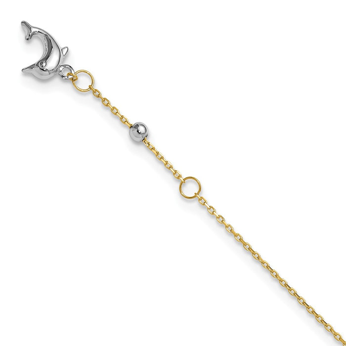 14K Two-tone Polished Dolphin 9in Plus 1in ext. Anklet-ANK320-9