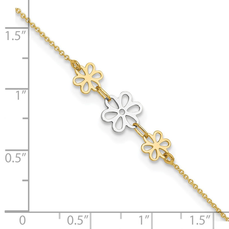 14K Two-tone Polished Three Flower 9in Plus 1in ext Anklet-ANK321-9