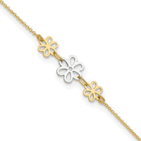 14K Two-tone Polished Three Flower 9in Plus 1in ext Anklet-ANK321-9