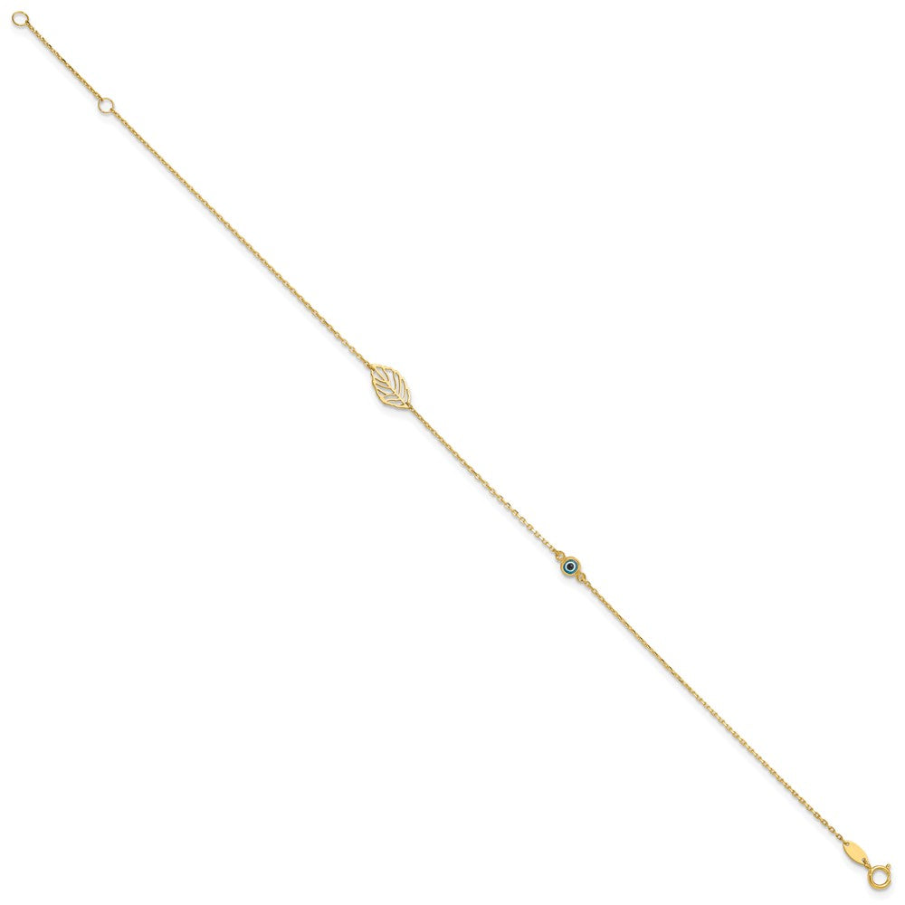 14k Leaf and Glass Eye Bead 9in Plus 1in Ext  Anklet-ANK323-9