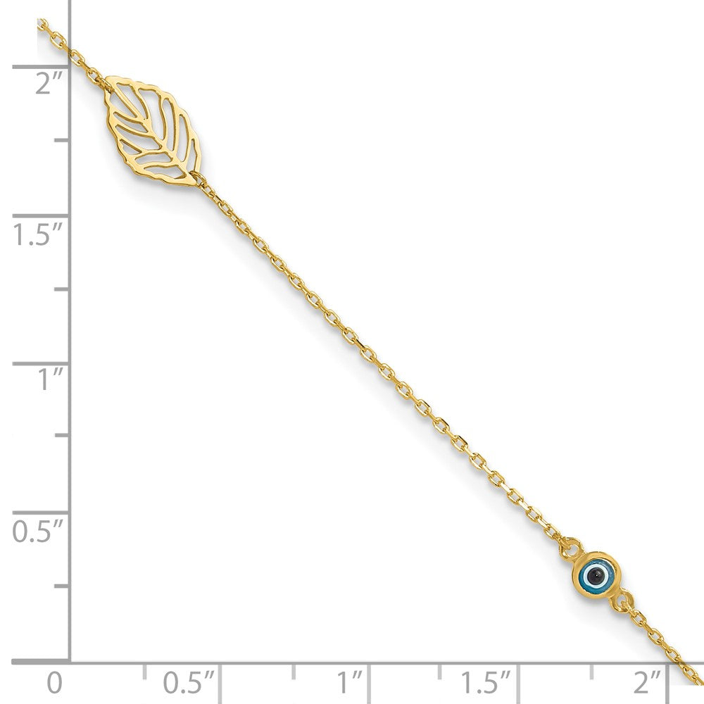 14k Leaf and Glass Eye Bead 9in Plus 1in Ext  Anklet-ANK323-9