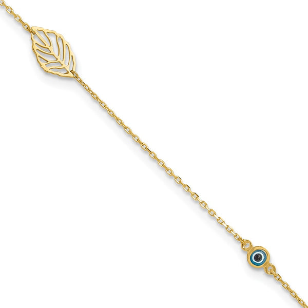 14k Leaf and Glass Eye Bead 9in Plus 1in Ext  Anklet-ANK323-9