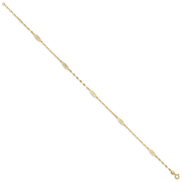 14K Polished Fancy Filigree Link 9in Plus 1 in ext. Anklet-ANK327-9