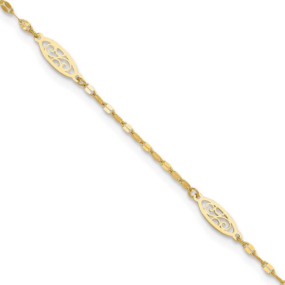 14K Polished Fancy Filigree Link 9in Plus 1 in ext. Anklet-ANK327-9