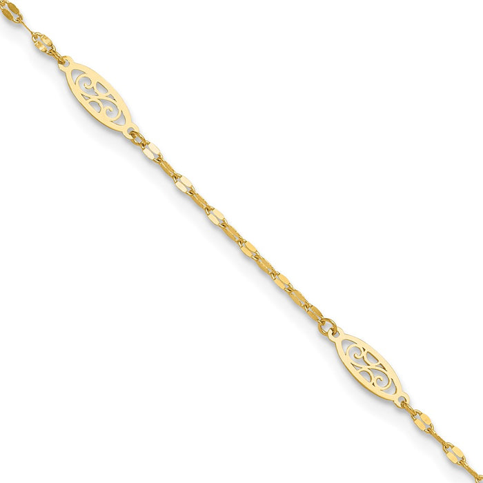 14K Polished Fancy Filigree Link 9in Plus 1 in ext. Anklet-ANK327-9