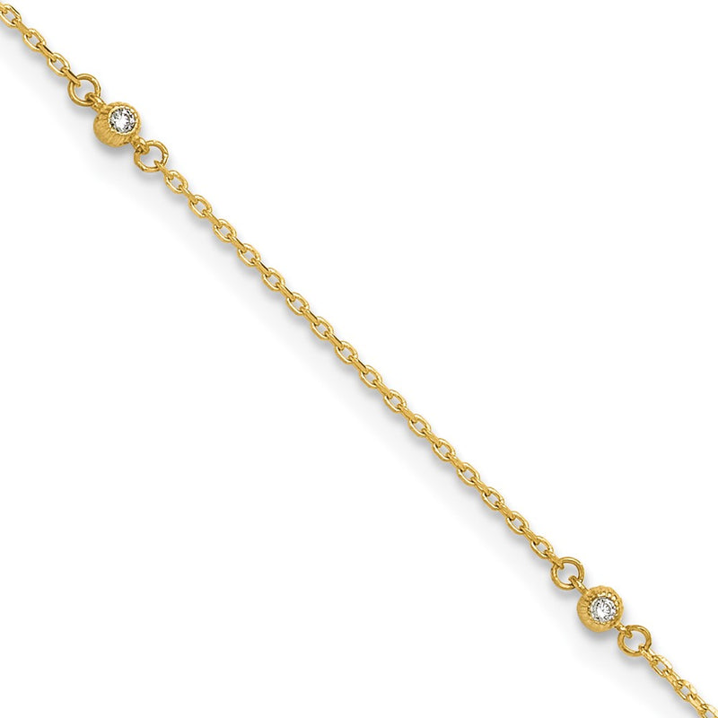 14K Polished CZ 5 Station 9in with 1 in ext. Anklet-ANK329-9