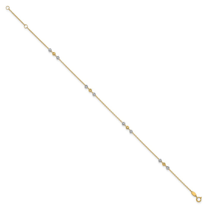 14K Two-tone Polished Diamond-cut Beaded 9in Plus 1 in ext. Anklet-ANK330-9