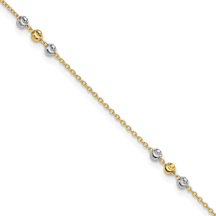 14K Two-tone Polished Diamond-cut Beaded 9in Plus 1 in ext. Anklet-ANK330-9