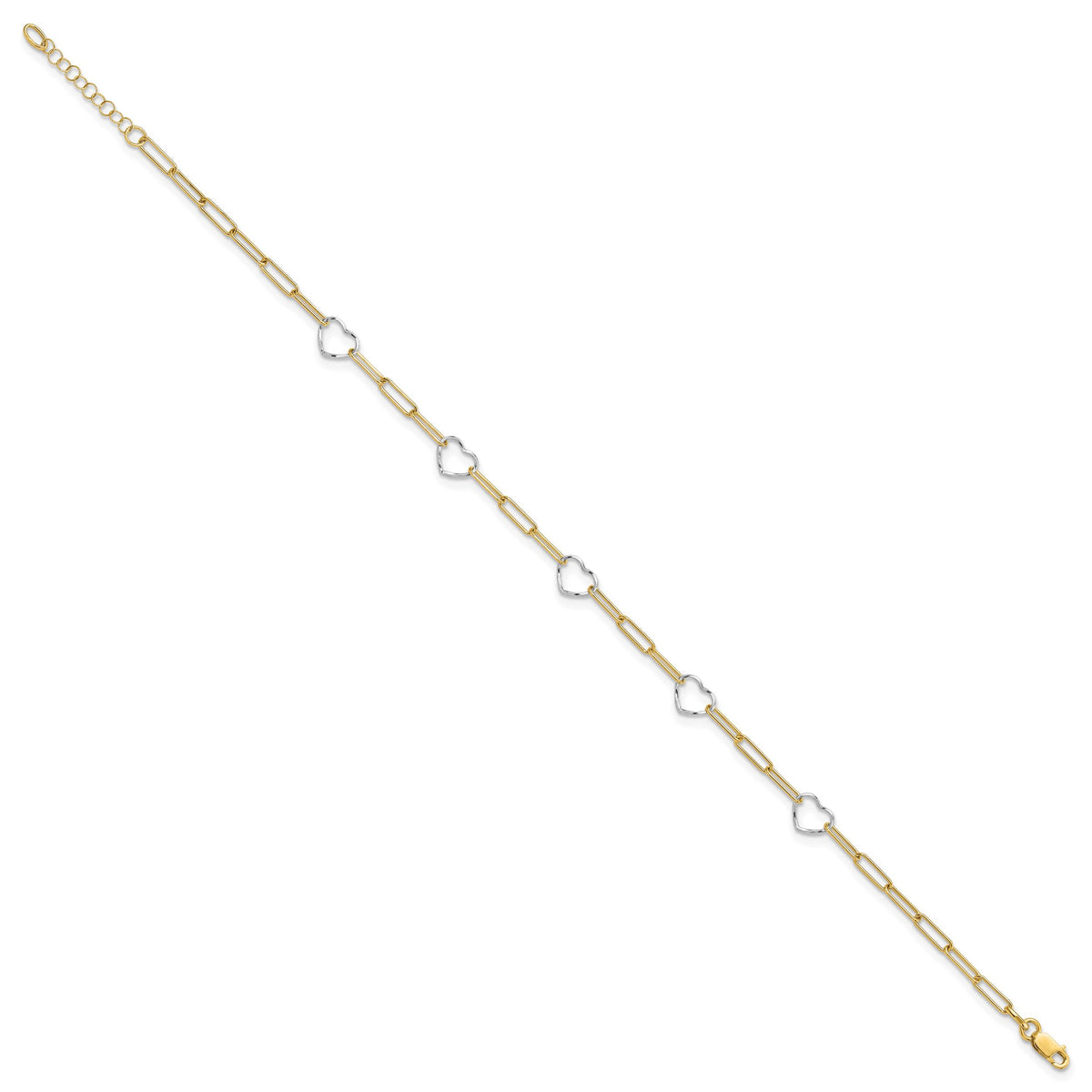 14K Two-tone Paperclip Link Heart 9in Plus 1in ext. Anklet-ANK335-9
