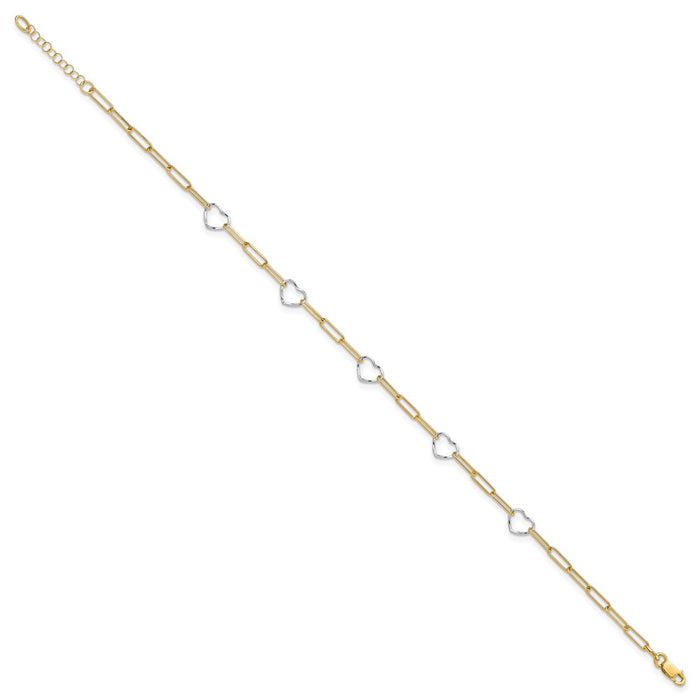 14K Two-tone Paperclip Link Heart 9in Plus 1in ext. Anklet-ANK335-9