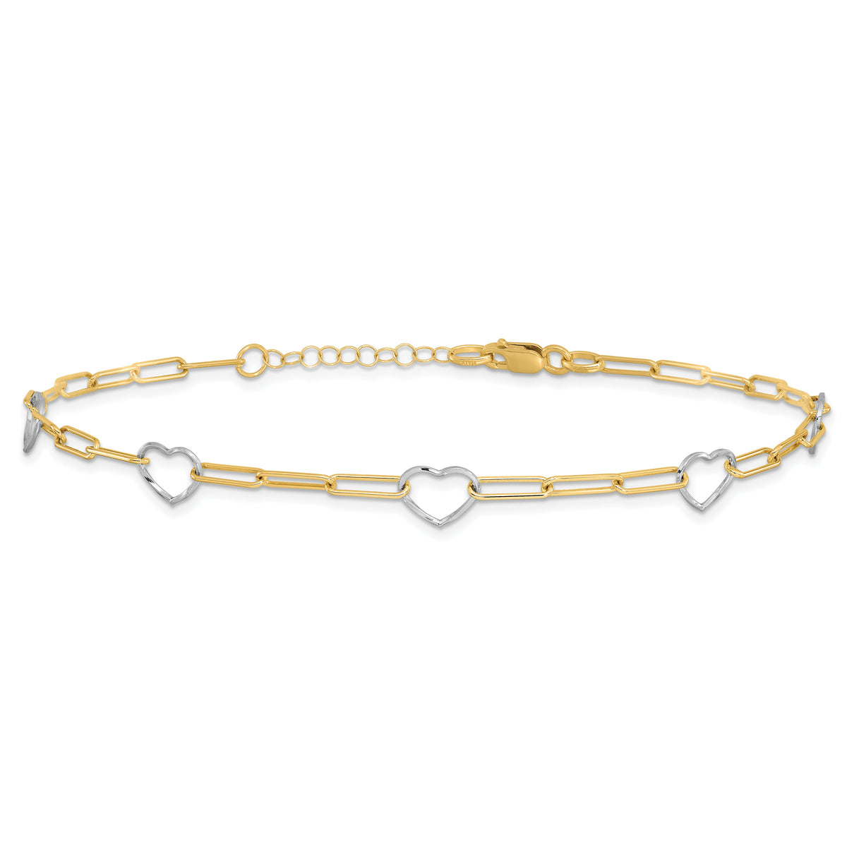 14K Two-tone Paperclip Link Heart 9in Plus 1in ext. Anklet-ANK335-9
